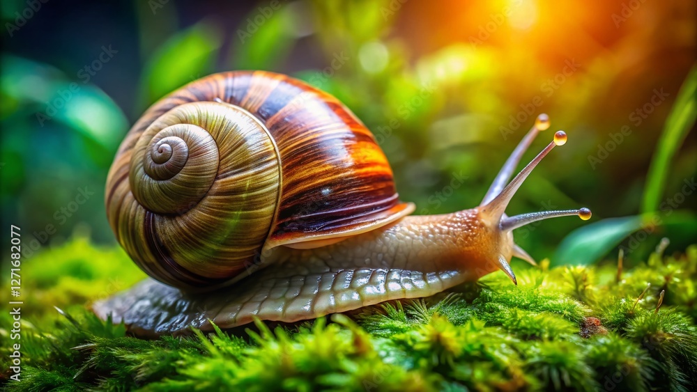 Poster Close-Up Macro Shot of a Snail with High Depth of Field - Detailed Shell Texture and Moist Skin