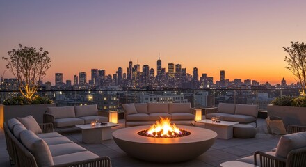 Obraz premium Rooftop Terrace Dusk Cityscape Fire Pit - Relaxing rooftop scene, city skyline at dusk, warm fire pit, comfortable seating, urban tranquility. Symbolizing: peace, luxury, community, warmth, escape