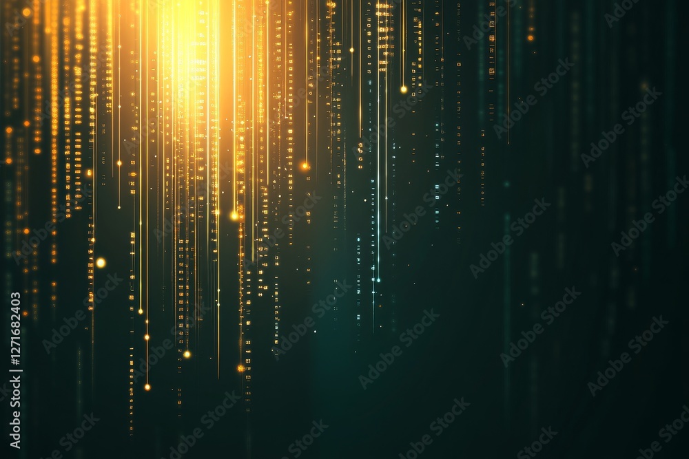 Poster glowing golden lines with abstract digital pattern in dark space