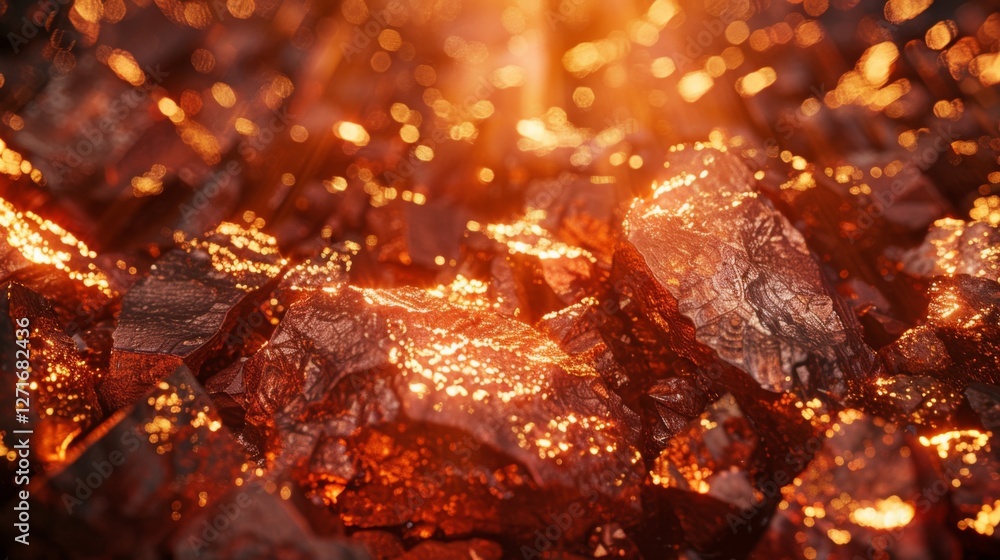 Poster Bright, flowing molten lava highlights the rugged texture of volcanic rocks, creating a mesmerizing display of light and color in a natural landscape at dawn.