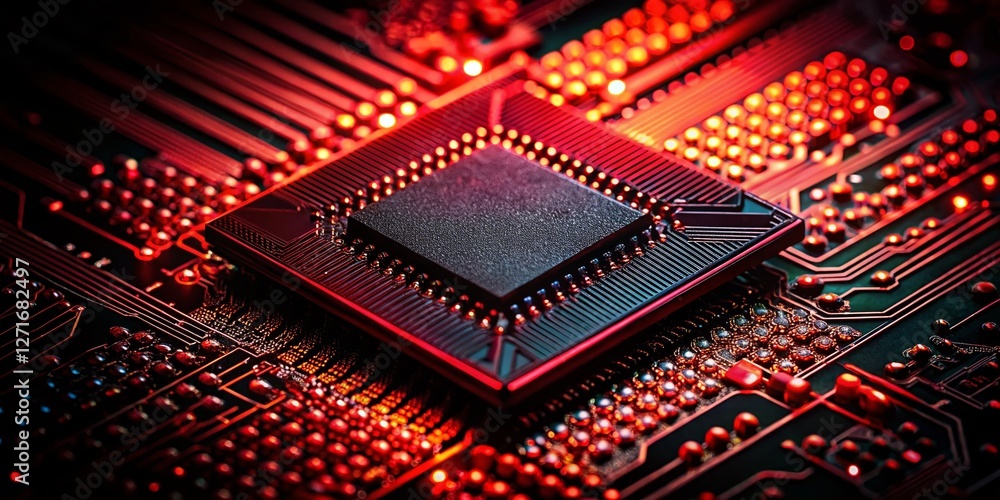 Poster close-up macro shot of red outlined computer chip on black background - high-tech semiconductor tech