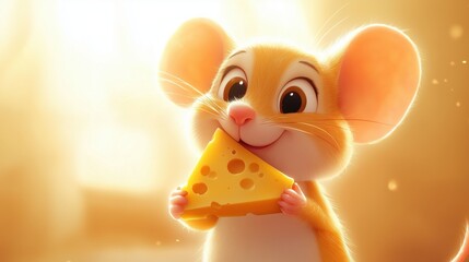 A cute cartoon contented mouse holds a piece of triangular cheese with a smiling contented face. Children's illustration, close-up. Bright sunlight
