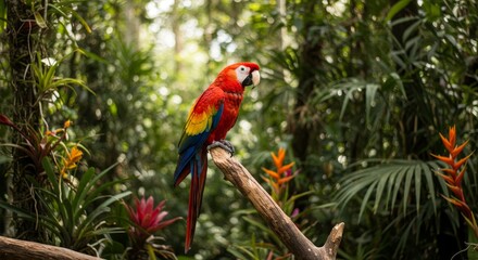 Obraz premium Scarlet Macaw in Lush Rainforest - Vibrant scarlet macaw perched on a branch amidst lush green rainforest foliage and colorful flowers