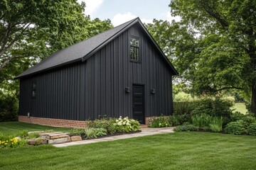 Obraz premium Charming modern black cottage surrounded by lush greenery and flower beds on a sunny day, perfect for a peaceful retreat or artistic escape in nature