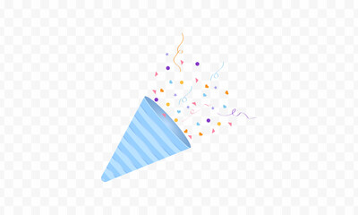 Vector Illustration of a party popper confetti set. Firecrackers, explosions, and celebrations. Birthday cracker isolated. Hand drawn design. Glittering confetti on a transparent background. Holiday.