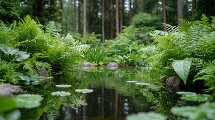 Obraz premium Lush ferns reflecting in a forest pond. Peaceful natural scene. Possible use Nature wallpaper