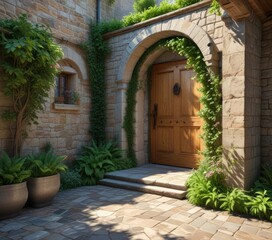 Obraz premium Stone courtyard with a wooden doorway and surrounding greenery, greenery, rustic charm