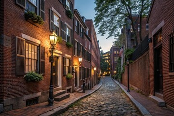 Fototapeta premium Street view of Beacon Hill neighborhood in Boston at dusk, historic homes, brick buildings, twilight, street lamps