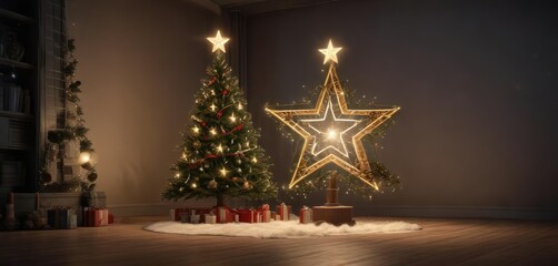 stunning illuminated Christmas tree with a large star-shaped decoration at the top, bright, decorations