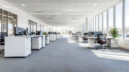 Modern Open Plan Office with White Desks and Grey Carpet