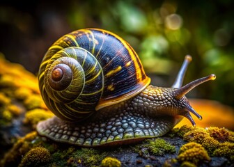 Close-up of a Large Dark Snail with Yellow Spots Crawling on Mossy Rock