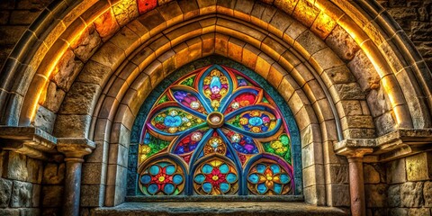Fototapeta premium Close-up of Antique Archway with Vibrant Stained Glass Window