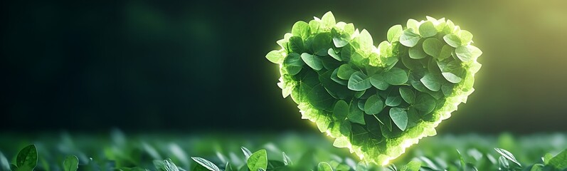 A vibrant image of a glowing heart symbol crafted from green leaves, ideal for nature-themed projects and designs.