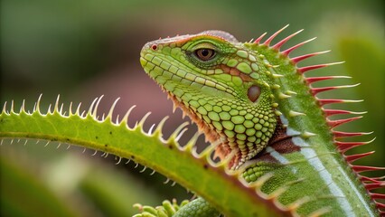 Obraz premium Exotic Beauty: A vibrant green lizard with textured skin and a striking crest perched delicately on a lush green leaf, a captivating portrait of reptilian elegance