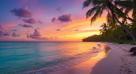 Serene Tropical Sunset Beach - Tranquil beach scene at sunset, symbolizing peace, relaxation, escape, paradise, and summer