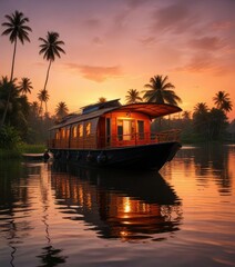 sunset colors on a houseboat in kerala backwaters, water, calm, lake