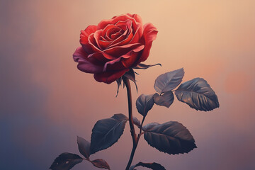 Obraz premium A realistic illustration of an elegant rose, vibrant red petals with delicate pink edges and dark green leaves on its stem