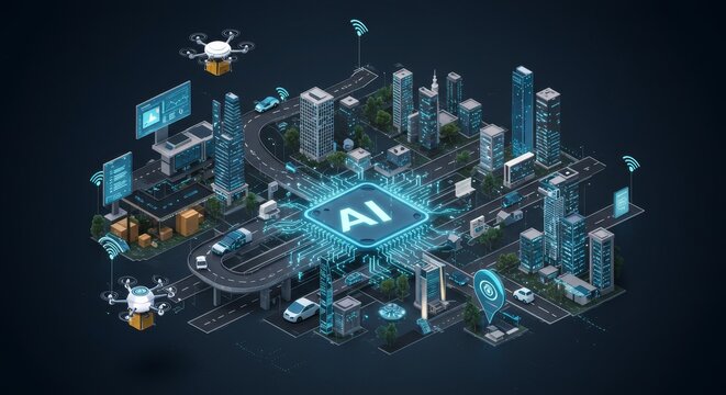 Smart City AI Integration - Futuristic city model showcasing AI integration in urban infrastructure, transportation, and logistics. Advanced technology seamlessly connects various systems