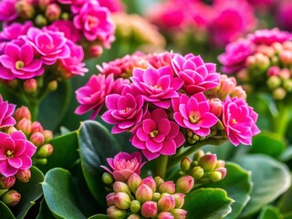Obraz premium Close-up of Blooming Pink Kalanchoe Flowers and Unopened Buds, Lush Green Succulent Leaves - Stock Photo