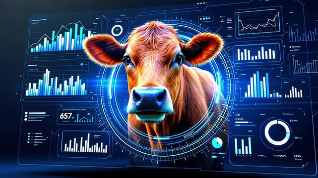 Digital representation of a cow surrounded by data analytics and futuristic technology interface