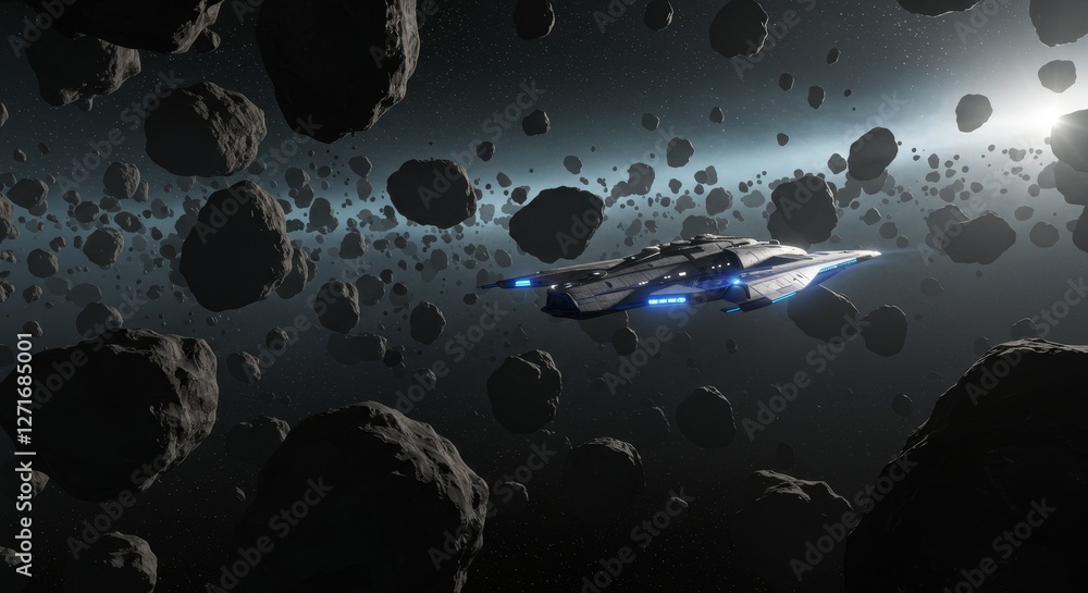 Aufkleber spaceship navigating asteroid field - a futuristic spaceship skillfully maneuvers through a dense as