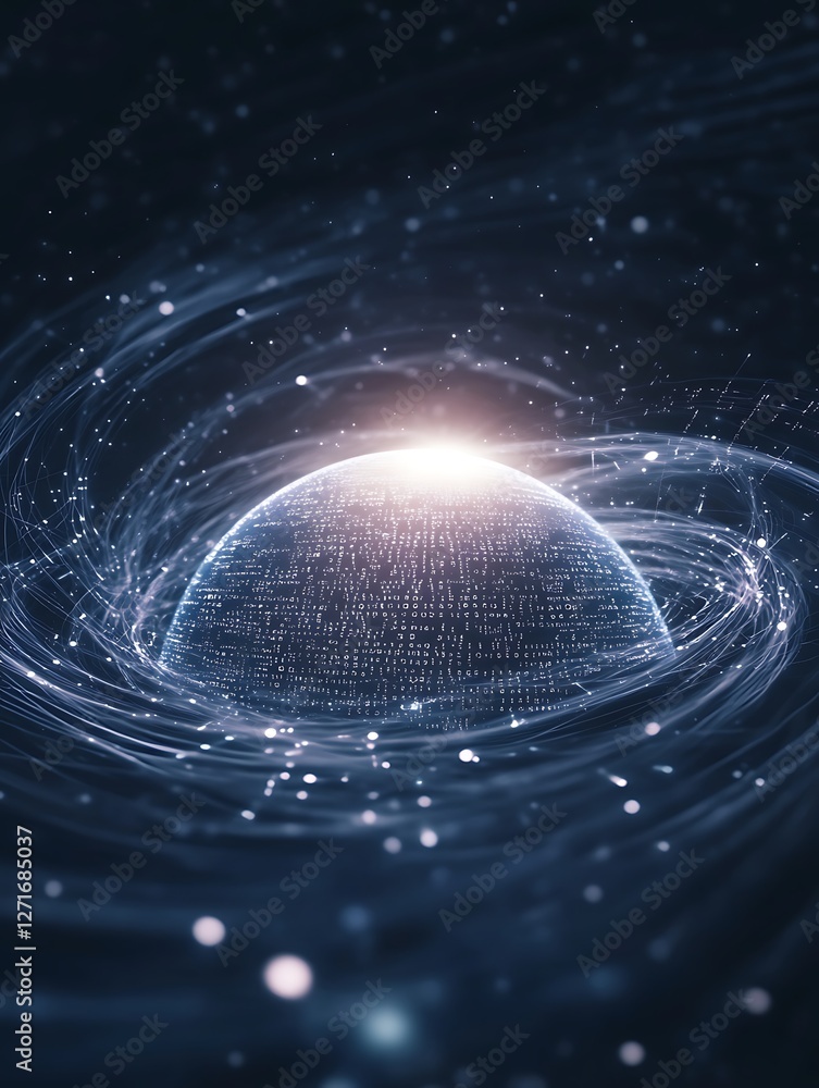 Poster a vibrant 3d planet image surrounded by swirling elements, perfect for sci-fi and cosmic-themed proj