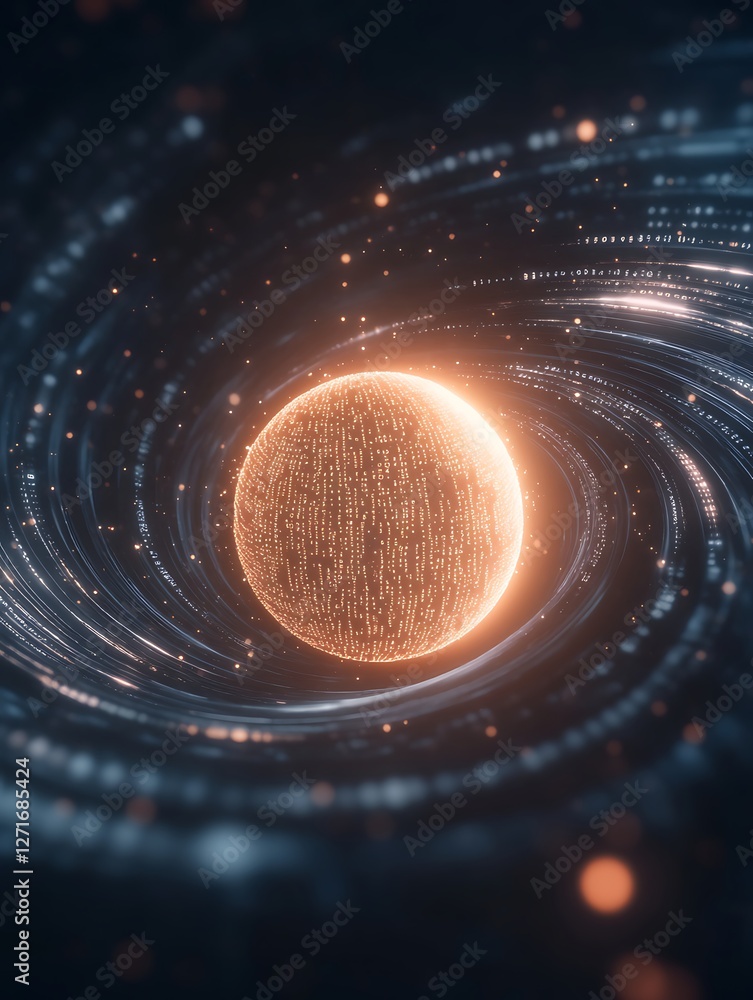 Poster a mesmerizing image of a glowing 3d planet encircled by swirling elements, ideal for sci-fi and cosm
