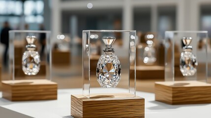 Elegant Crystal Perfume Bottles Displayed in Modern Exhibition Space