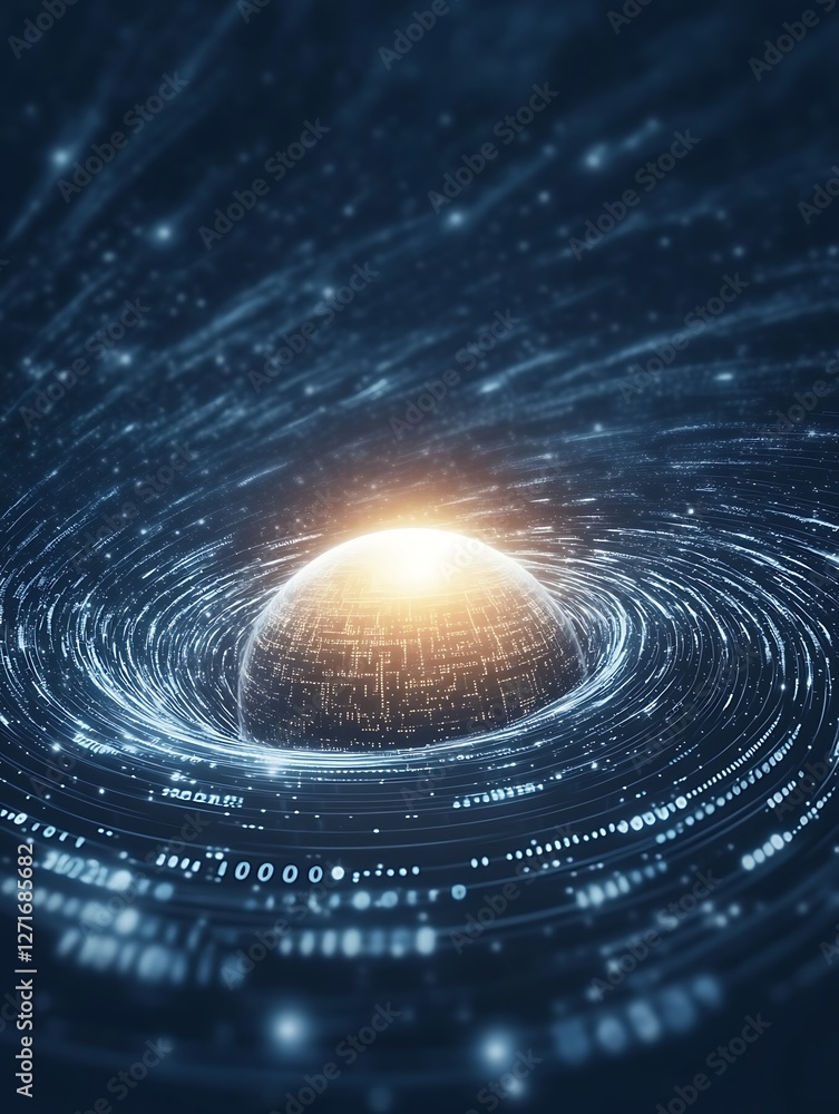 Poster a vibrant image of a glowing 3d planet surrounded by swirling colors, perfect for sci-fi and cosmic-