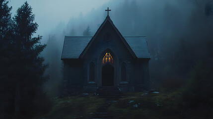 A secluded chapel in the mountains, its doors wide open, yet the interior is shrouded in thick darkness. The sound of distant bells tolls faintly.