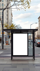 Blank banner with space for text at a bus stop in a city. White tone