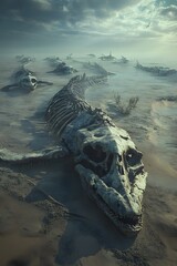 Skeletal Whales Adrift on Dried Ocean Floor, Haunting Vision of Marine Extinction