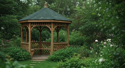 Naklejka premium Tranquil Garden Gazebo - Wooden gazebo nestled in a lush green garden, perfect for relaxation and peaceful contemplation
