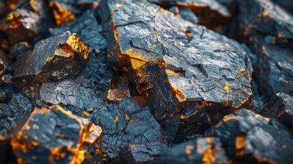 Textured rocks display a metallic surface, showcasing vibrant golden highlights against a dark, rugged backdrop. Natural light enhances their unique features and colors.