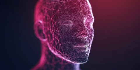Abstract digital human head, glowing pink and purple, wireframe mesh.