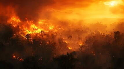 Naklejka premium Wildfire Consuming Dense Forest, Dramatic Orange Sky Filled with Smoke