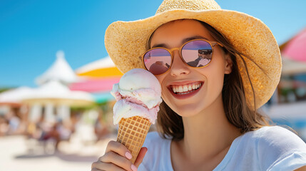 Smiling woman in sunglasses and a straw hat enjoys a colorful ice cream cone at the beach