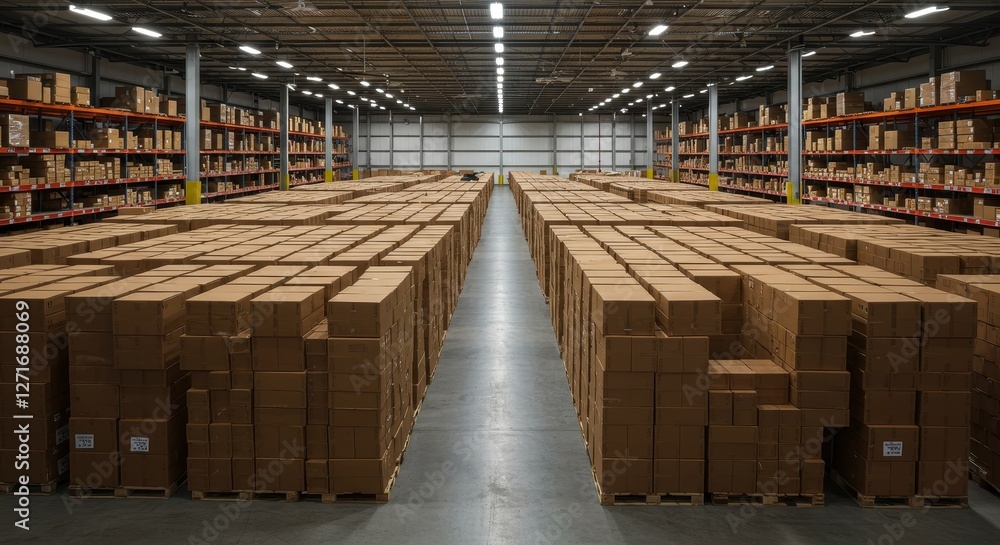 Poster warehouse inventory management system - rows of neatly stacked cardboard boxes fill a large warehous