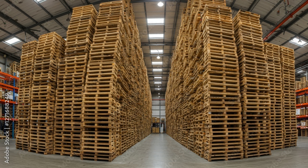 Poster warehouse pallet storage optimization - rows of stacked wooden pallets fill a large warehouse, showc