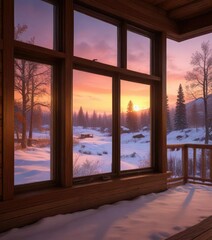 The cabin's windows reflect the warm colors of the sunset as snow falls outside, cozy atmosphere, peaceful surroundings