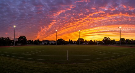 Vibrant Sunset Over Soccer Field - A stunning panoramic view of a soccer field at sunset, with vibrant orange and purple clouds filling the sky