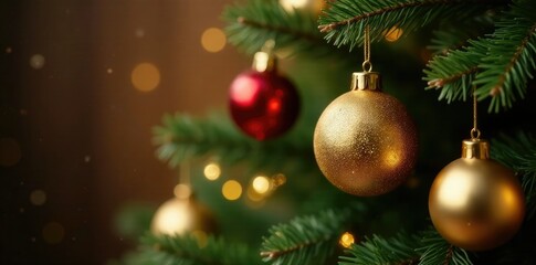 The Christmas tree is adorned with golden baubles of varying sizes, sparkling effect, golden baubles, varied ornaments