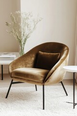 Comfortable velvet chair arranged in a cozy living room, featuring neutral tones and minimalistic decor for a serene atmosphere