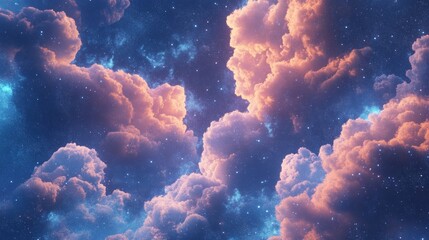 Obraz premium A Dreamlike Night Sky with Pink and Blue Clouds and Stars, A Celestial Wonder