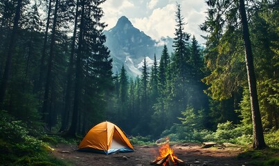 In the forest, camping tent, bonfire, backpack, and summer camp. landscape with mountain, forest and campsite.stockphoto style, beautiful night landscape