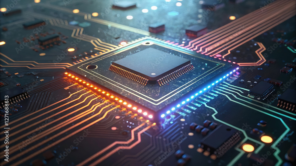 Aufkleber high tech circuit board with central processing unit glowing brightly