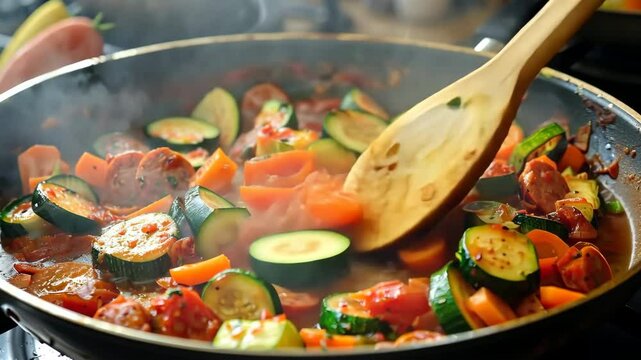 Steaming grilled vegetables, carrot, green bean, broccoli, pepper dish. Sizzling hot plate of stir fry colorful veggie mix. Frying pan with healthy food meal. Ratatouille with smoke steam preparation