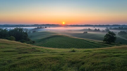 Fototapeta premium Sunrise over rolling hills, a breathtaking landscape painting of a peaceful morning.