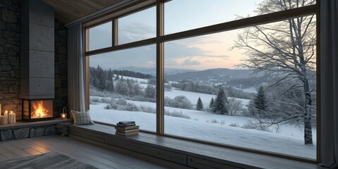 Fototapeta premium The soft light of a crackling fire shines through a large window overlooking a snowy scene creating a peaceful and calming ambiance, crackling fire, peaceful scene, calm ambiance