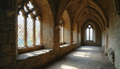 Dimly Lit Medieval Stone Corridor With Gothic Architecture, And Historical